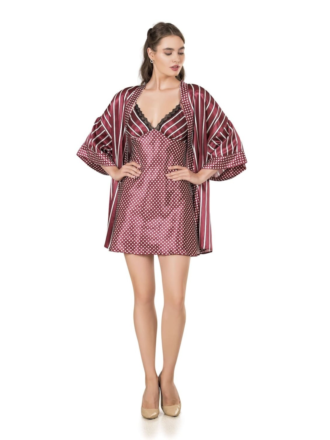 Satin set, nightdress, light burgundy bathrobe PIZ204 - Online store - Boutique